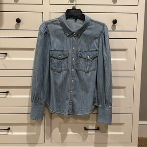 Veronica Beard, denim shirt with pearl button snap closures, cuffed sleeves